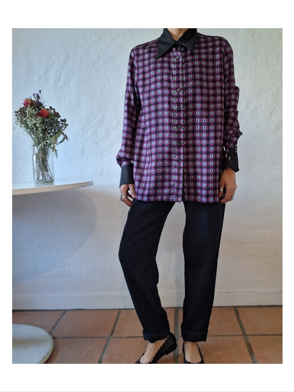 Vintage 90s Lou Lou de la Falaise Silk Geometric French Cuff Blouse Art Student